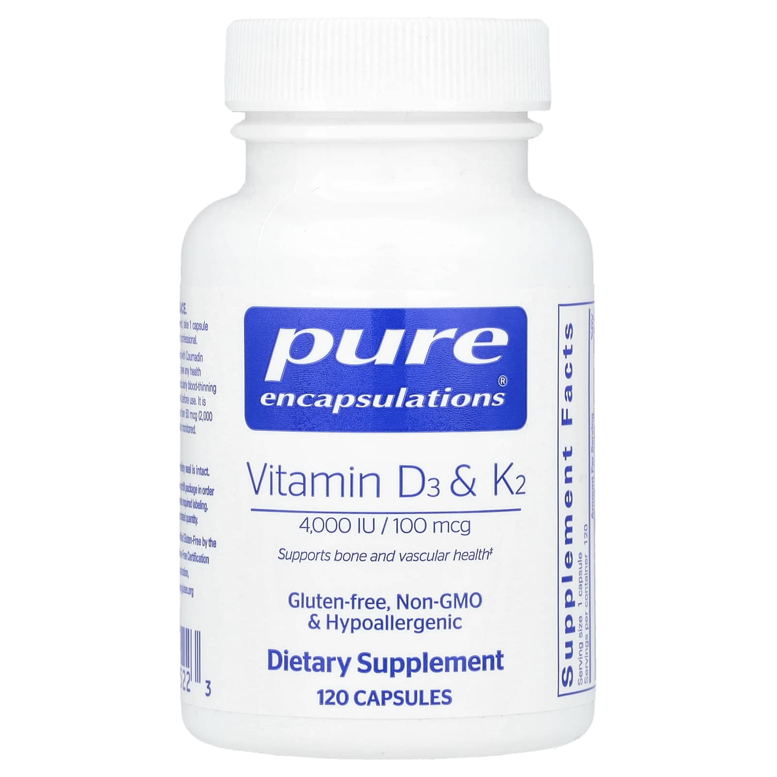 Pure Encapsulations, Vitamin D3 & K2, 120 Capsules UPC 766298025223 | HiLife Vitamins